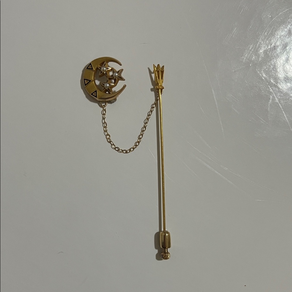 Vintage Art Deco 10K Gold Tri Delta Moon & Star Chain Stick Pin Brooch - Picture 2 of 14